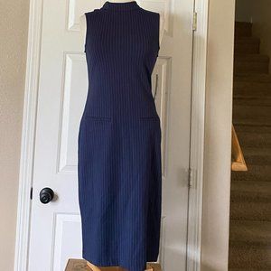 Sharango Mock Neck Sleeveless Pin Striped Straight Fit Stretch Midi Dress Classy